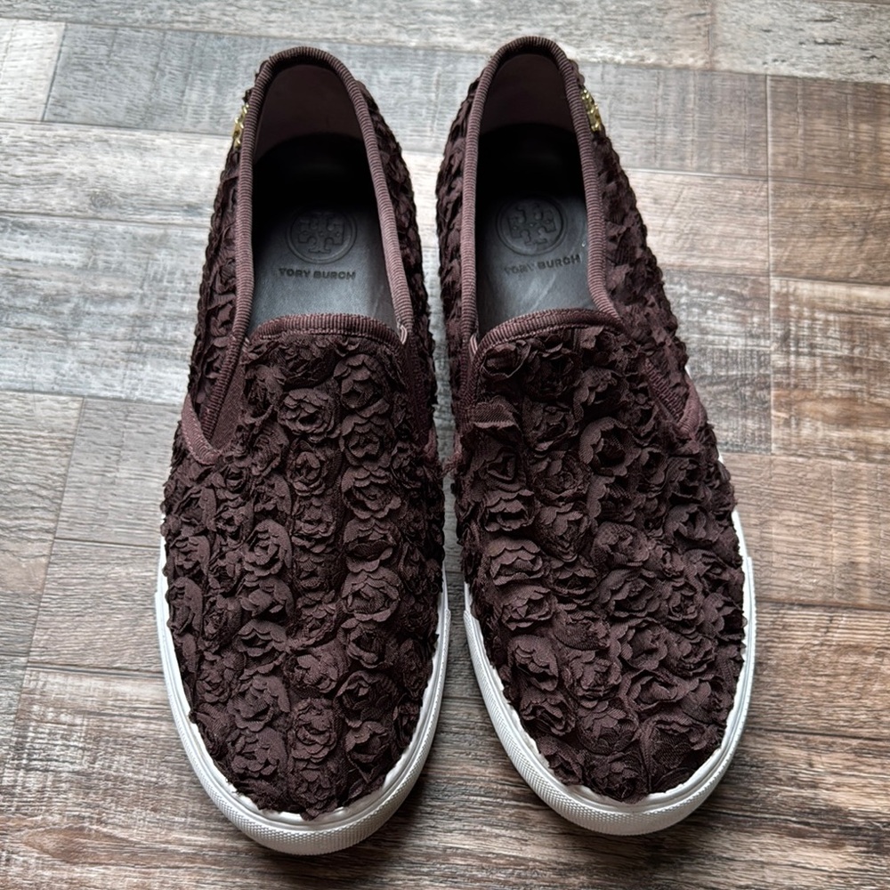 Tory Burch Rosette Burgundy Fabric Flower Slip On Dress Casual Loafers Flats 6M